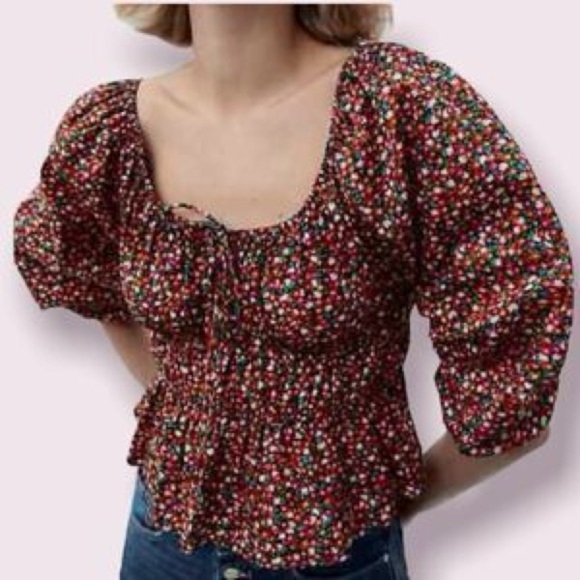 Zara Floral Print Puff Sleeve Peplum Top Size Small - Picture 1 of 4